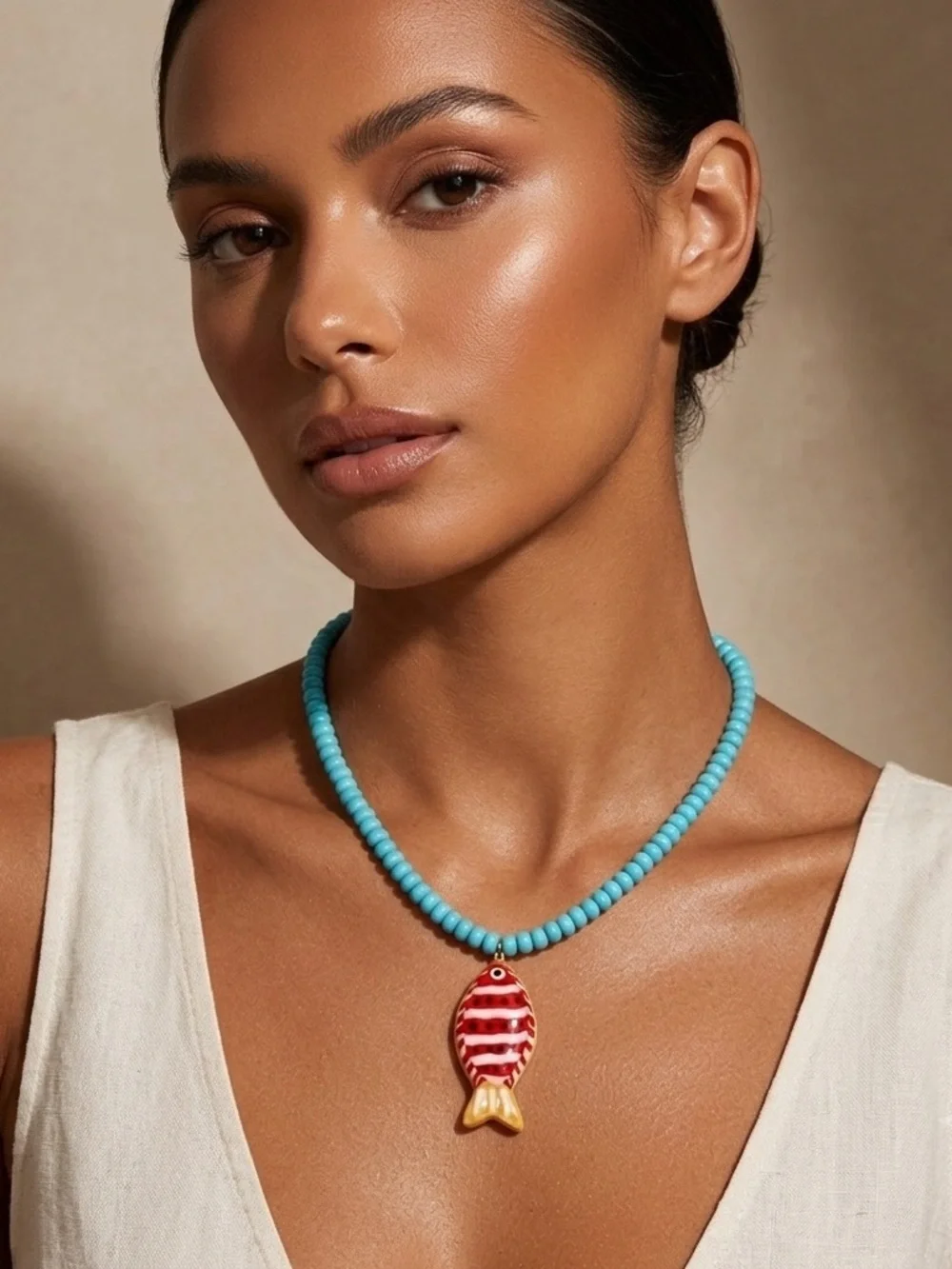 Turquoise Color Beaded Necklace with Red & Gold Fish Pendant